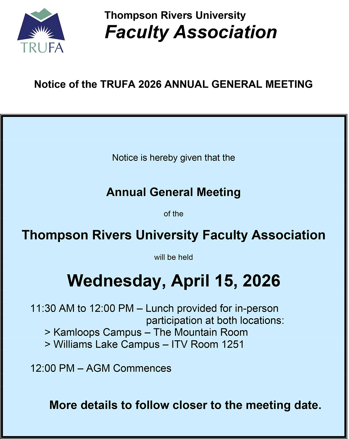 First Notice of TRUFA 2026 AGM